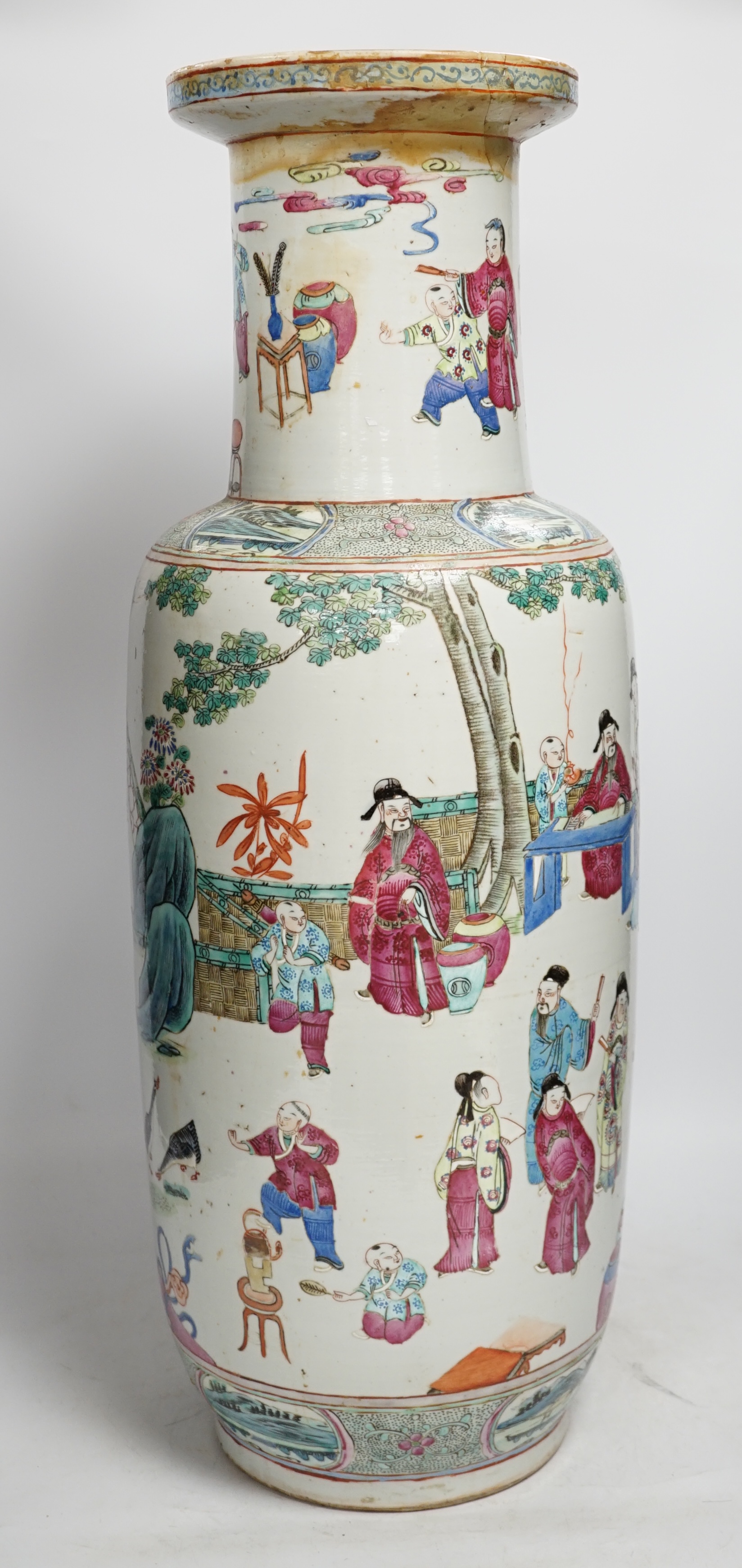 A large 19th century Chinese famille rose rouleau vase, 64cm. Condition - rim and neck have discoloured restored, otherwise fair